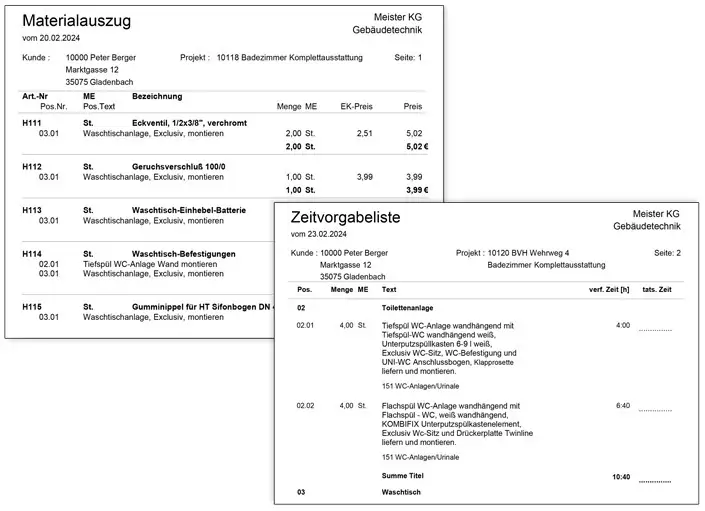 Materialauszug und Zeitvorgabe - erstellt mit CATSboss, der Elektro- und SHK-Software.