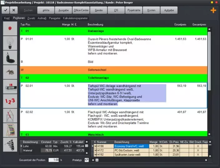 Die Projektbearbeitung in CATSboss, der Elektro-SHK-Software.