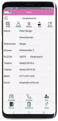 VerA-Smartphone_01-B_Kundenkartei Darstellung der Kontaktdaten des Kunden in der App VerA.